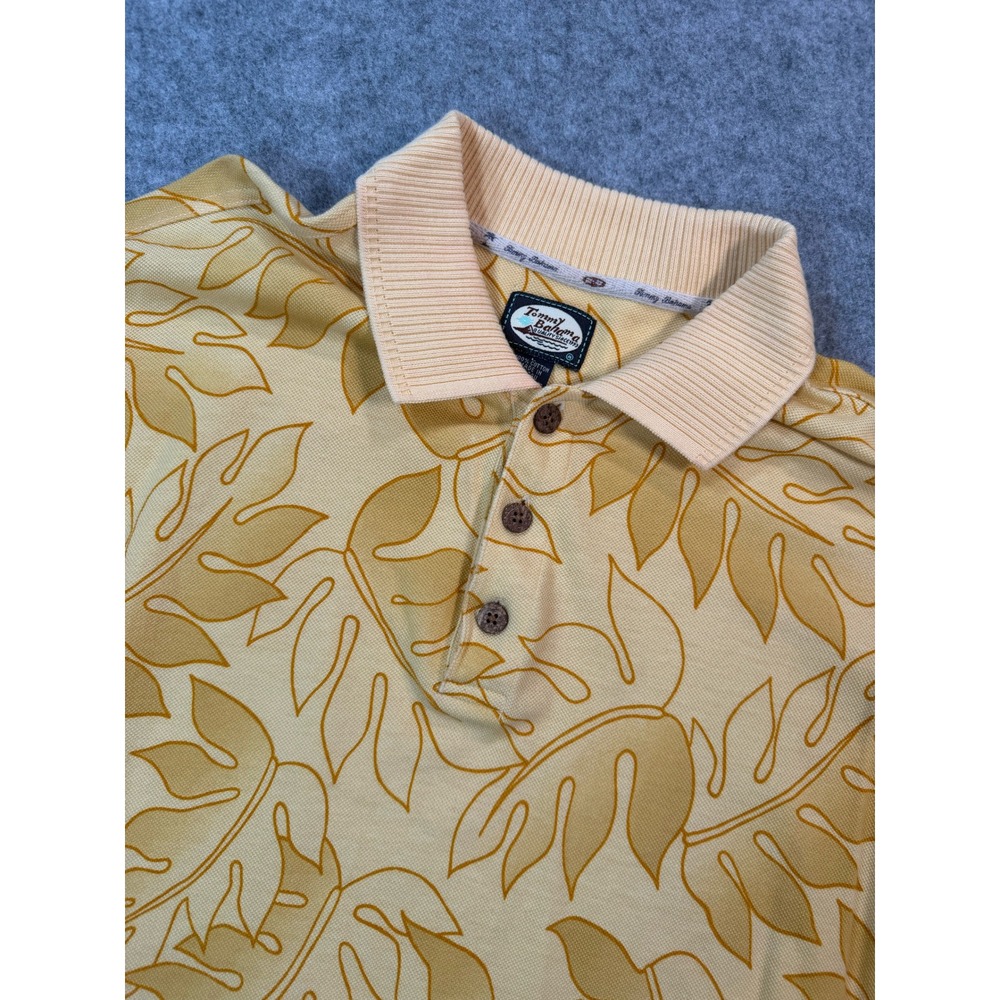 Vintage Tommy Bahama Mens Large Yellow Tropical Leaf Cotton Pique Polo Shirt